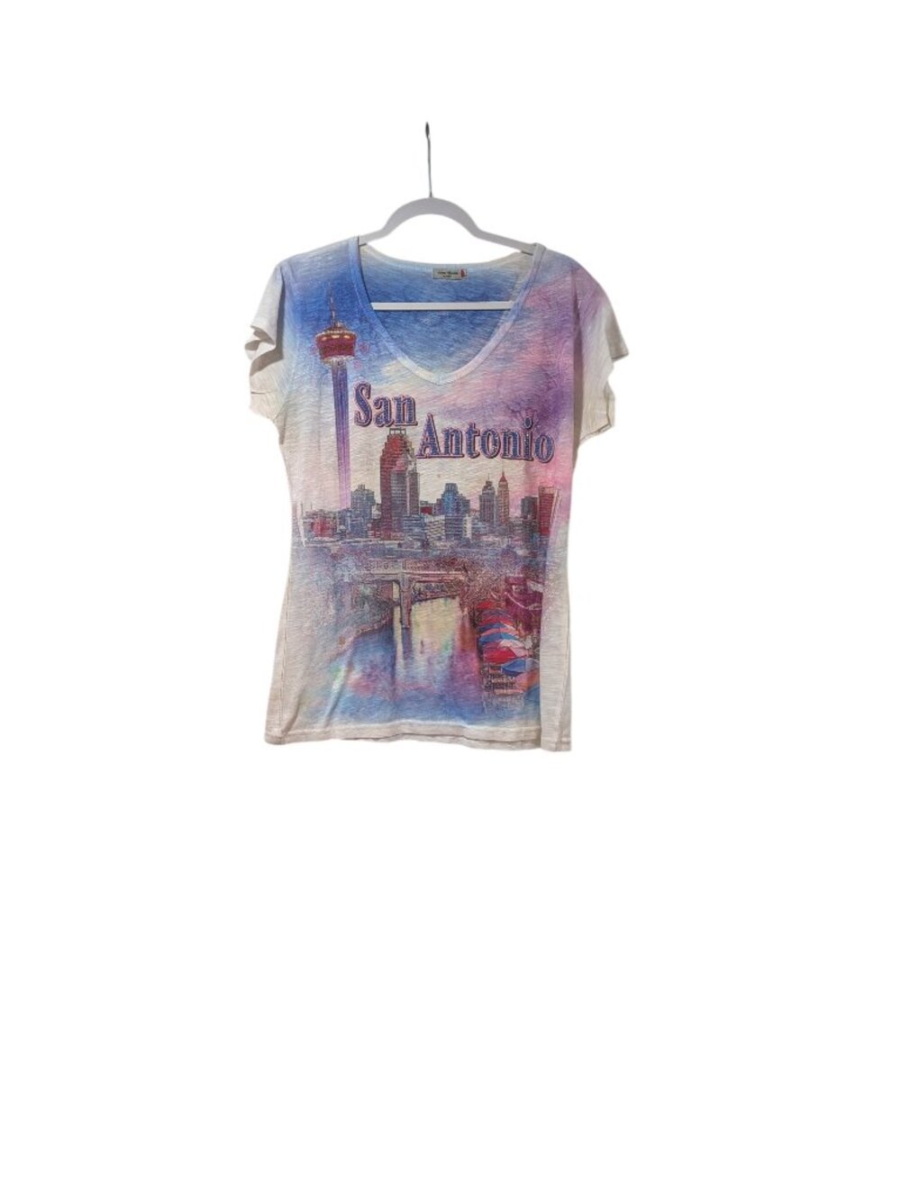 Sweet Gisele San Antonio Skyline V-neck T-shirt Resort Wear Vacation Sz L